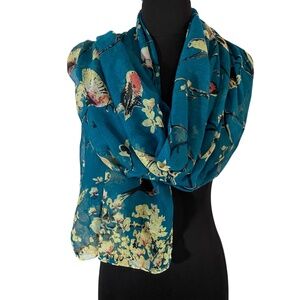 Teal Blue Floral Birds Scarf Shawl Wrap Light Weight Woven 32" x 70"